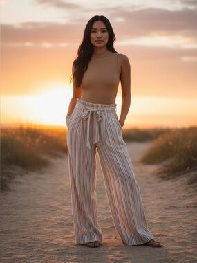 Elegant Striped Wide-Leg Pants in Cream and Tan